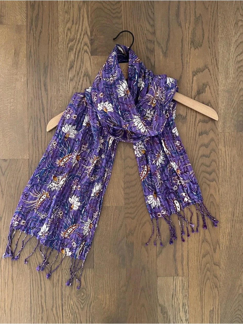 Anthropologie Floral Block Print Gauze Oblong Fringe Scarf Purple Multicolor 72